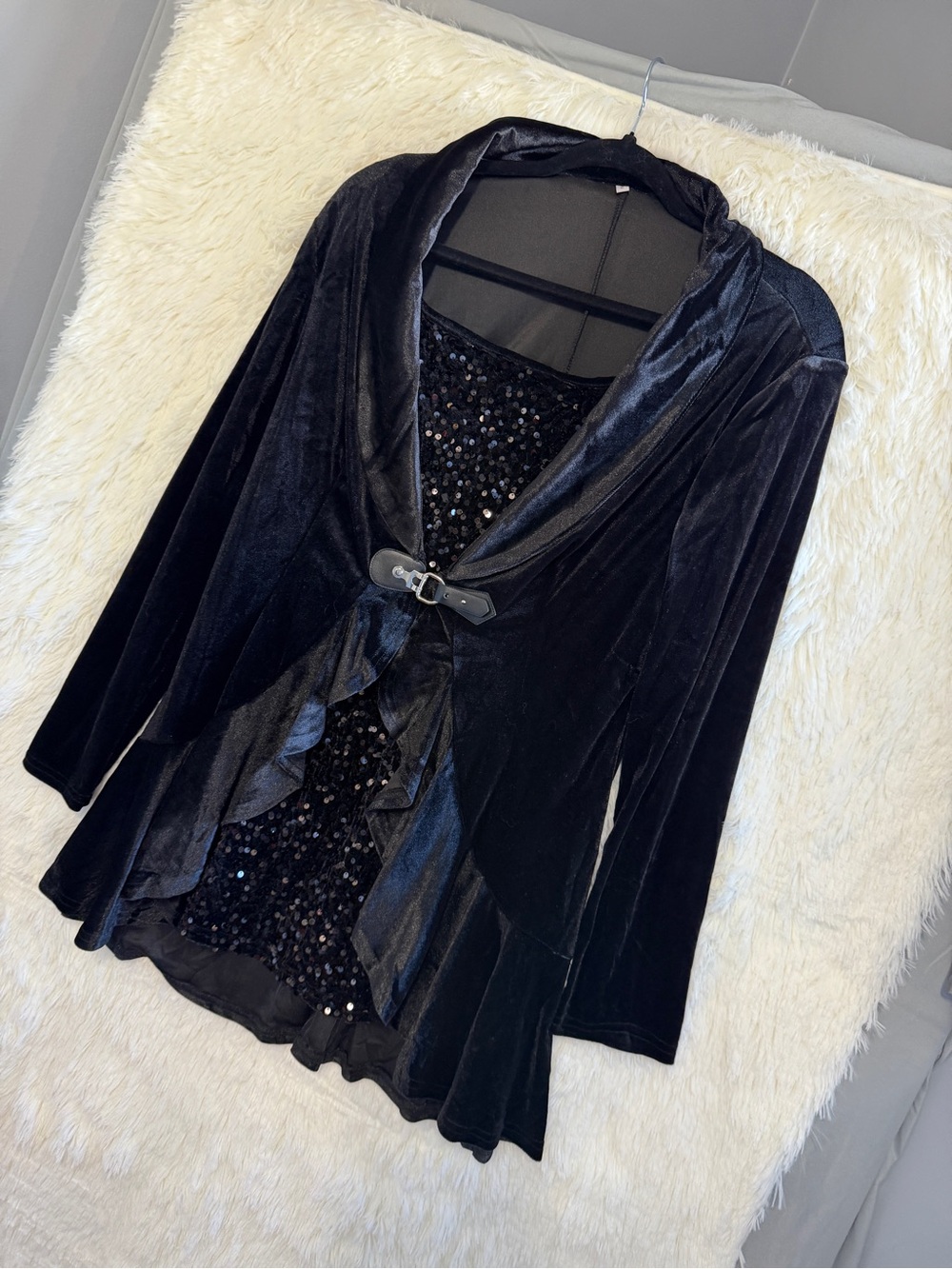 Womens Whimsigoth Black Long Sleeve Velvet Top Size L Witchy Halloween Goth